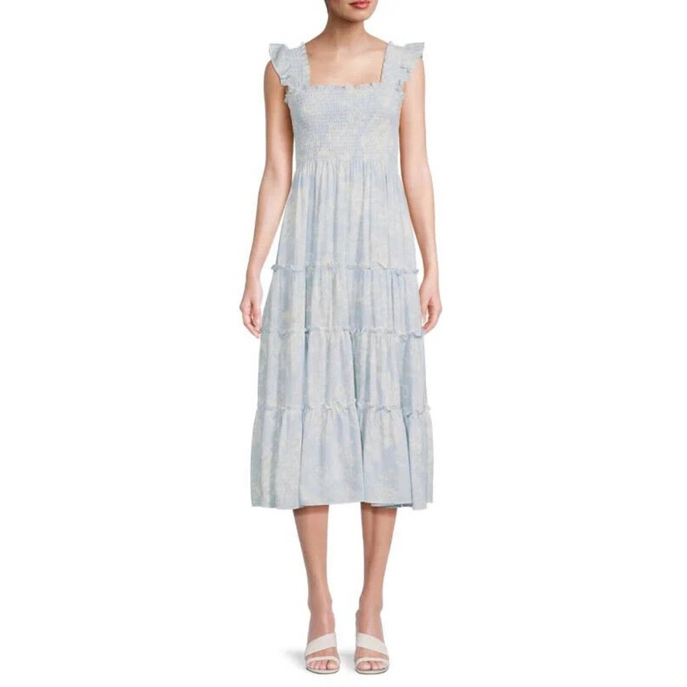 NEW CAARA Calypso Tiered Sundress SMOCKED LIGHT BLUE FLORAL SIZE L/100%AUTHENTIC